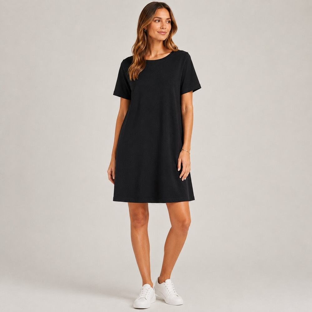 Eileen Fisher Short Sleeve Jersey Knit Knee Length Dress Black Size Large